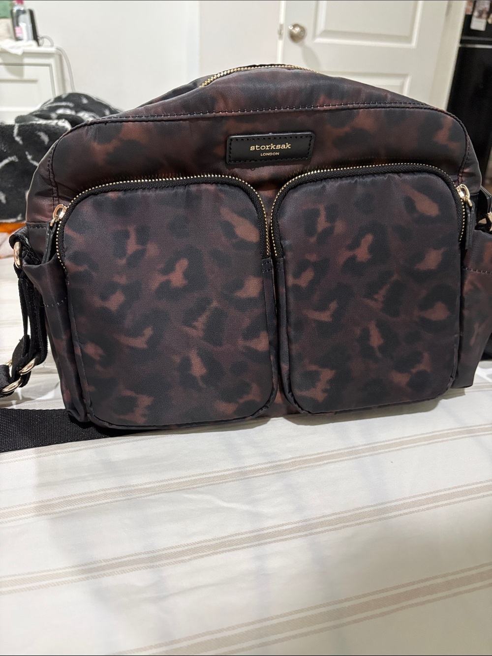 Storksak London Brown Camo Diaper Bag with Dual Front Pockets